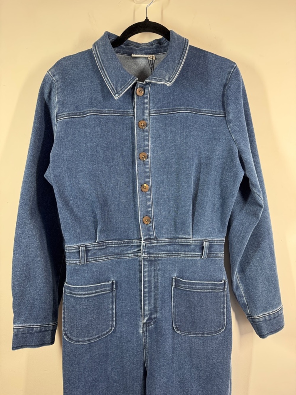 ICHI Denim Jumpsuit Blue Size 36 Wide Leg Button Front Utility Chic Casual - Picture 4 of 15